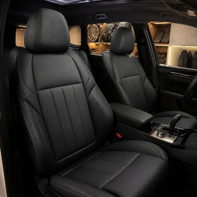 Black custom-fit seat covers installed in a premium SUV cabin