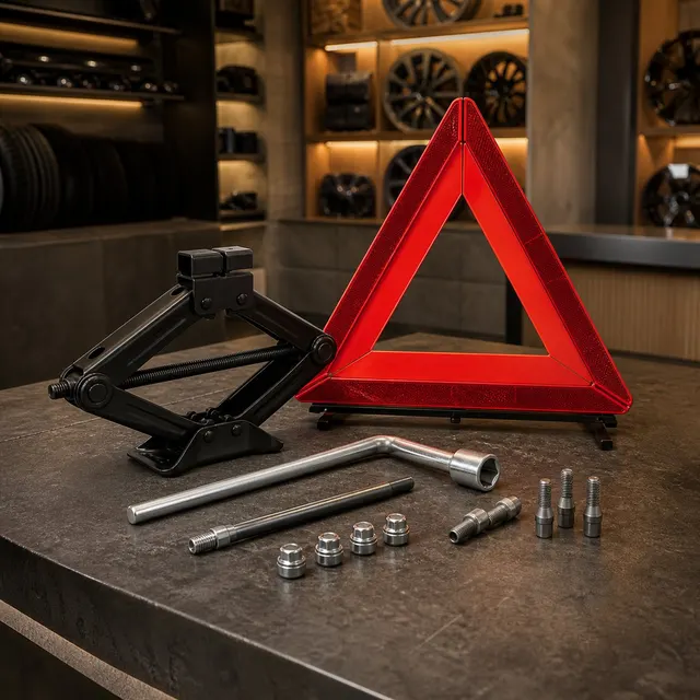 Roadside emergency tools and C-caution triangle arranged on a showroom counter