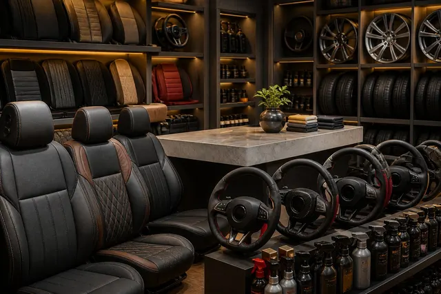 Illustrative automotive accessories showroom with seat covers, steering covers, rims, tyres and car care supplies