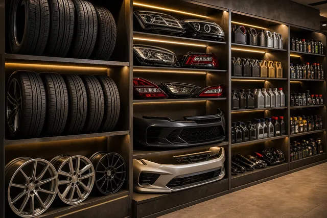 Organized automotive stock wall with tyres, rims, lights, bumpers and engine oil