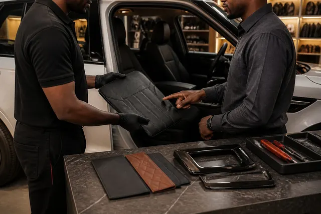 Illustration of a technician helping a customer choose an interior upgrade beside an open SUV